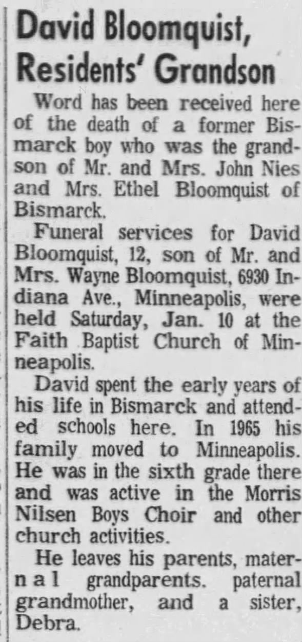 Obituary for David Bloomquist (Aged 12)